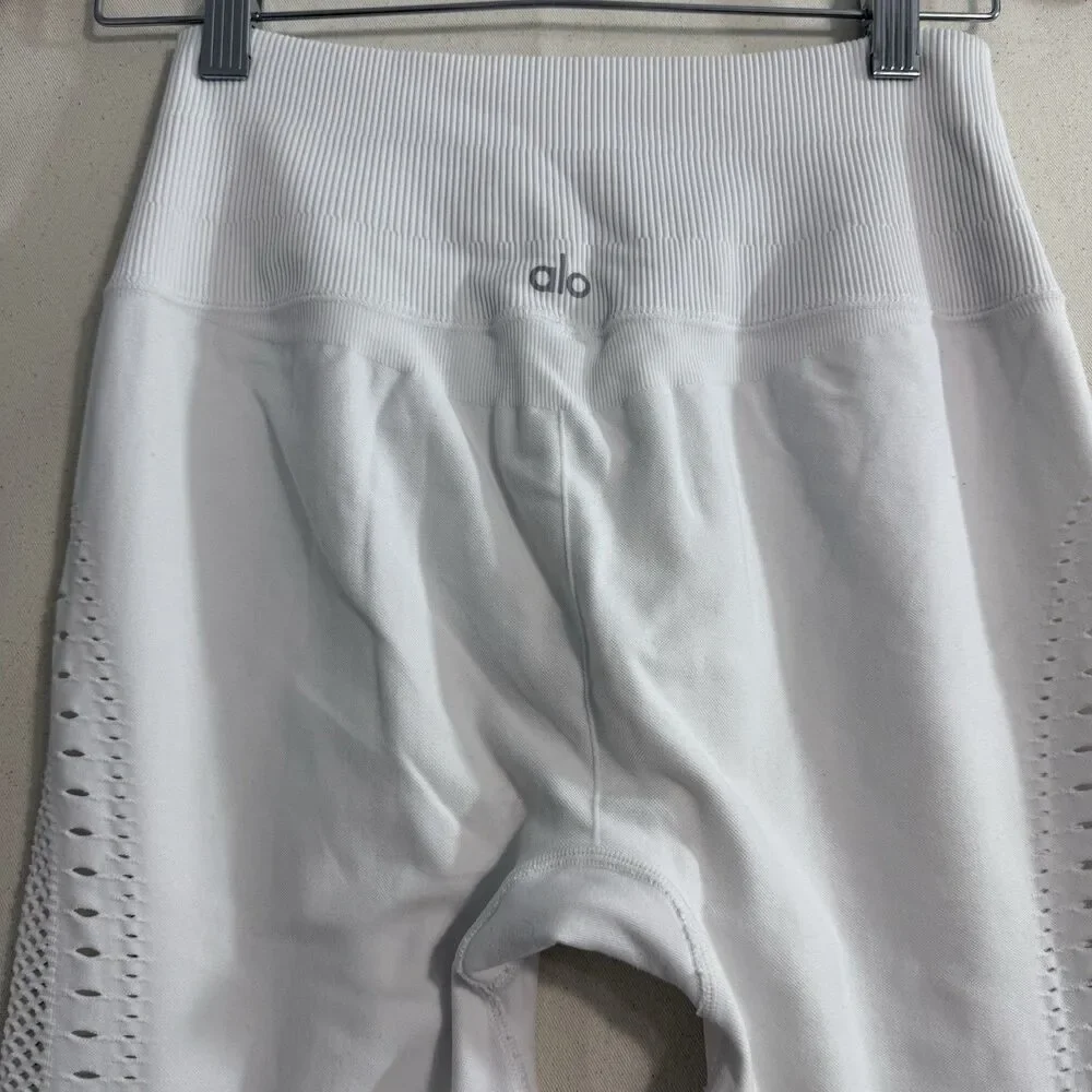 Alo Yoga White Leggings Women Medium High Waist Mesh Panel Activewear 25” Inseam